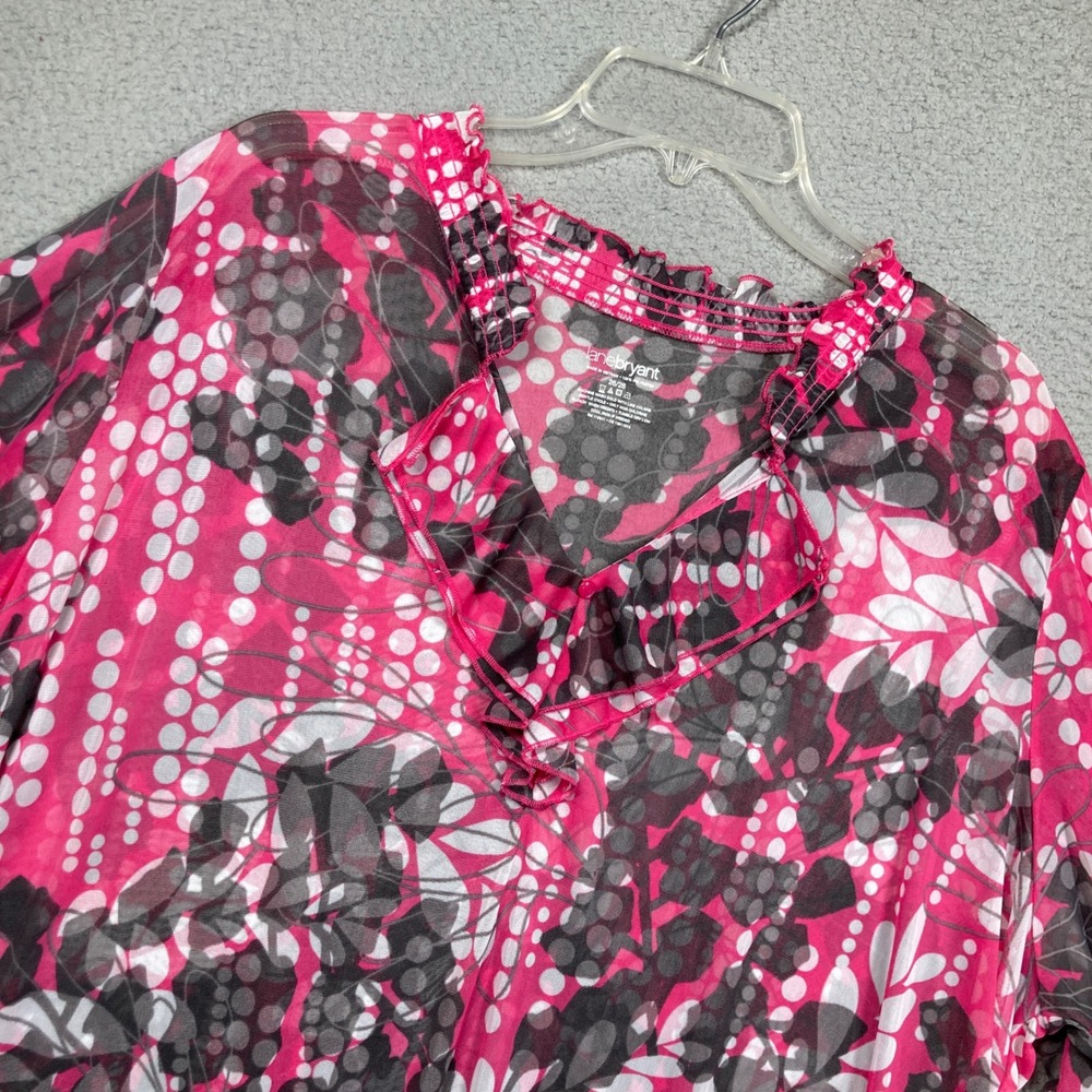 Lane Bryant Blouse Womens 26/28 Pink Black Floral Sheer Ruffle Smocked‎ Top
